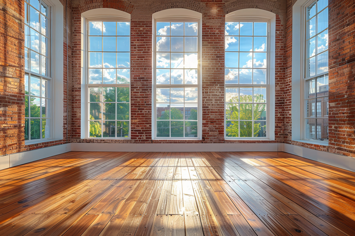 The inside of a brick home with floor-to-ceiling windows in El Paso.